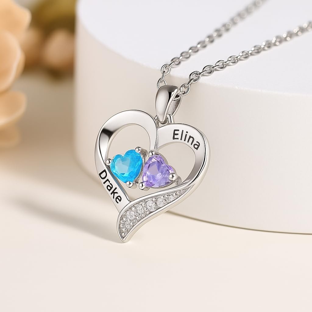 Personalized Name Birthstone Heart Pendant Necklace Gift Jewelry for Women Teen