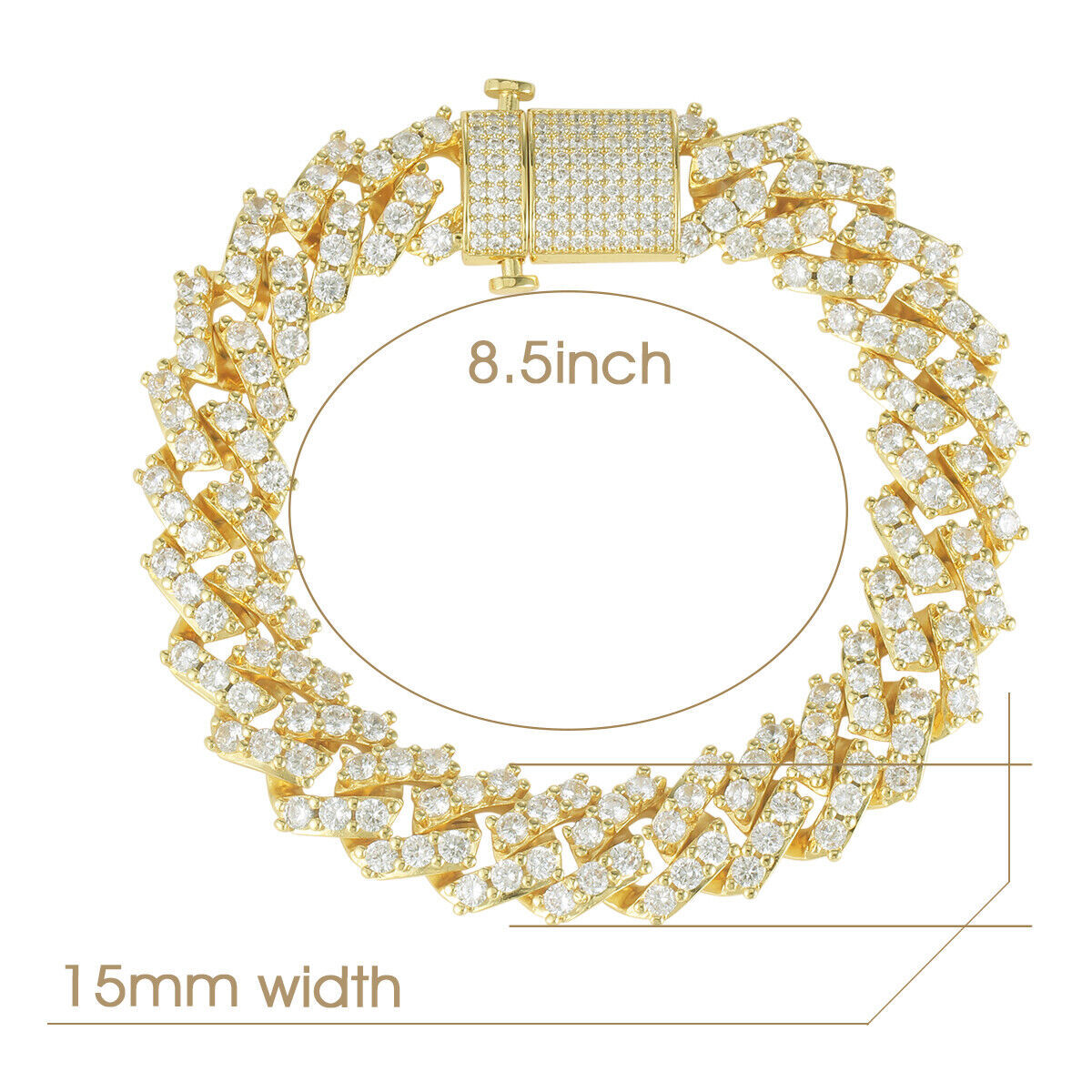 18K Gold Plated Full Iced CZ Out Stainless Steel Miami Cuban Link Bracelet Chain