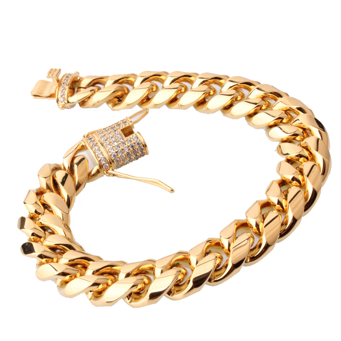 14 mm30in Men Cuban Miami Link Bracelet Chain Set 14k Gold Plated StainlessSteel