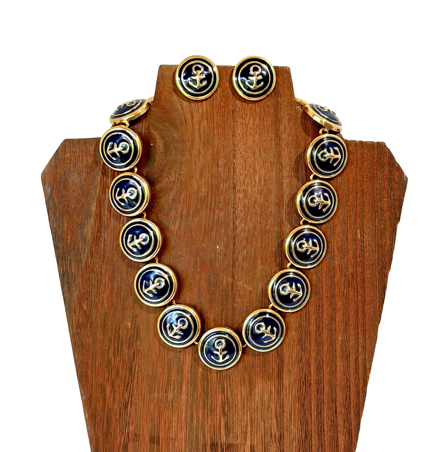 VTG Navy Blue Enamel Nautical Anchor Choker Necklace & Pierced Earrings Sailing