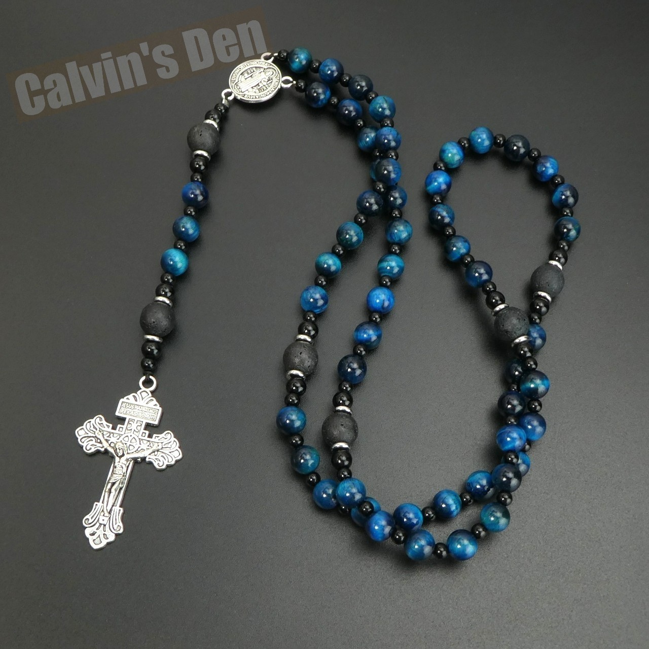 St Benedict Rosary Necklace Blue Tiger Eye Lava Stone Black Onyx Crucifix Cross