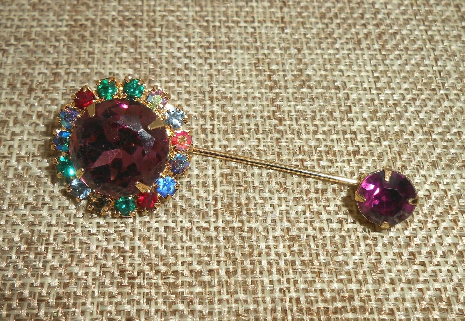 Vintage Amethyst Purple Glass & Multicolor Rhinestone Stickpin Gold-tone A705