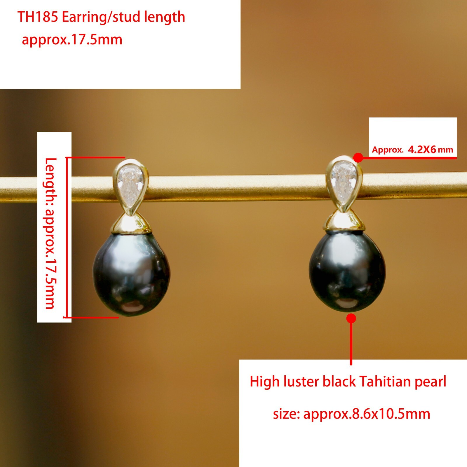 High luster Black Tahitian Pearl sterling Silver S925 Gold Earring stud TH185