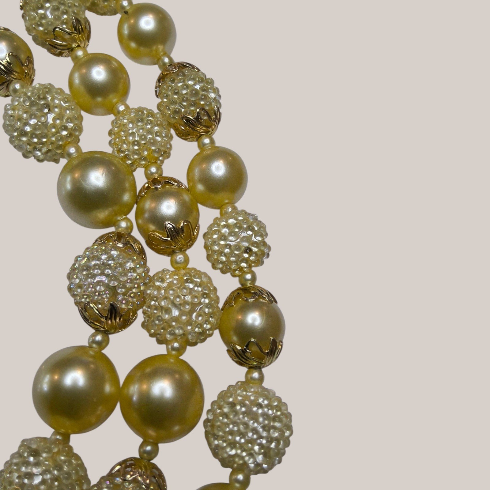 Vintage Hong Kong 3 Strand Faux Pearl Necklace Champagne Gold Beaded Choker