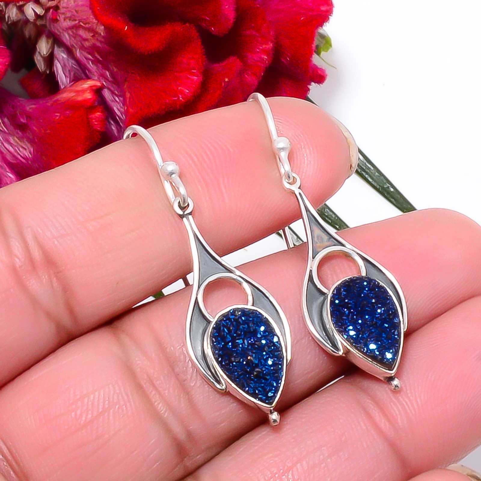Electric Blue Titanium Agate Drusy 925 Sterling Silver Earring 1.72″ Sku30