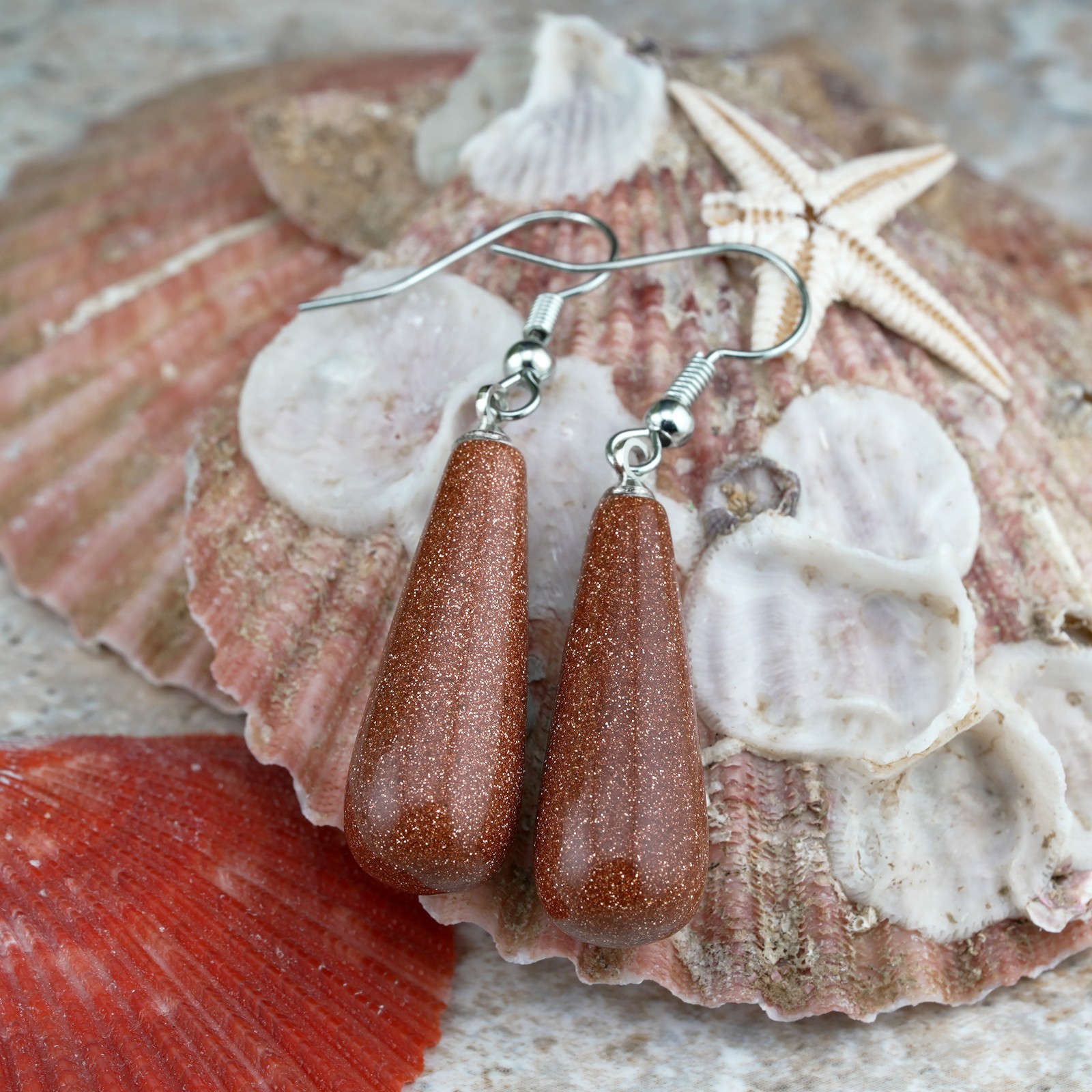 Gold Sandstone Goldstone Crystal Gemstone Teardrop Earrings Silver Jewelry Girls