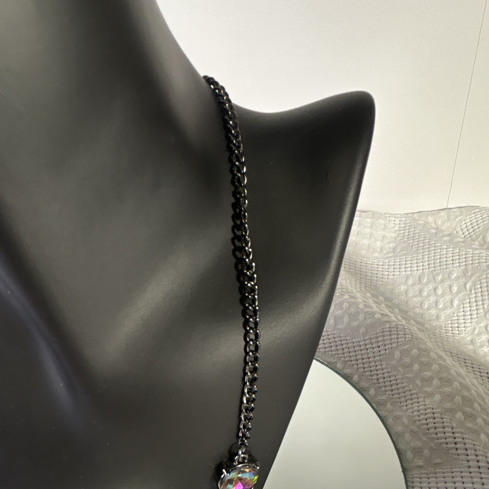 Black Curb Link Chain Necklace 7 Multicolor Octagon Crystals Adjustable Spring
