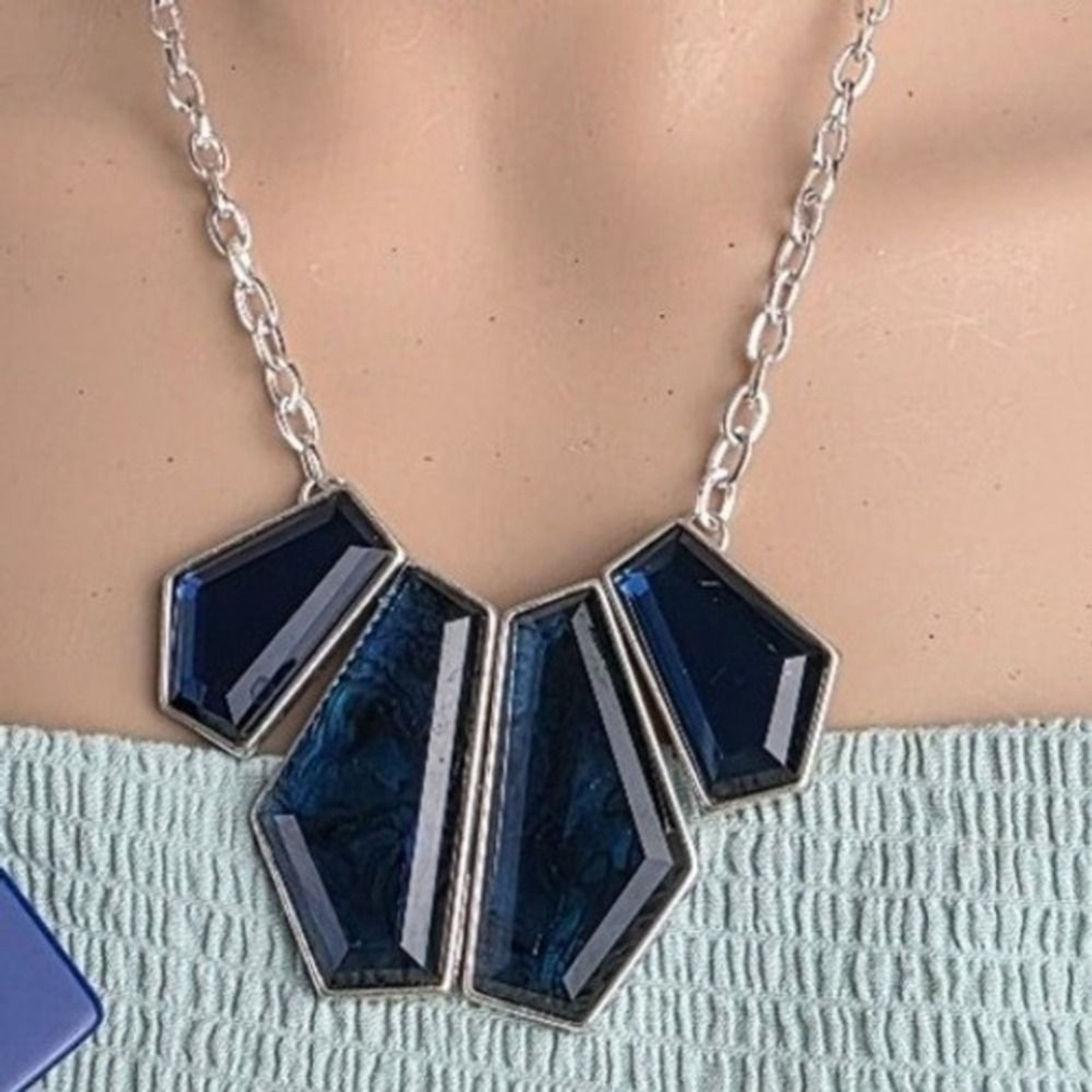 Statement Bib Necklace Geometric Dark Blue Stones Silver Tone Chain
