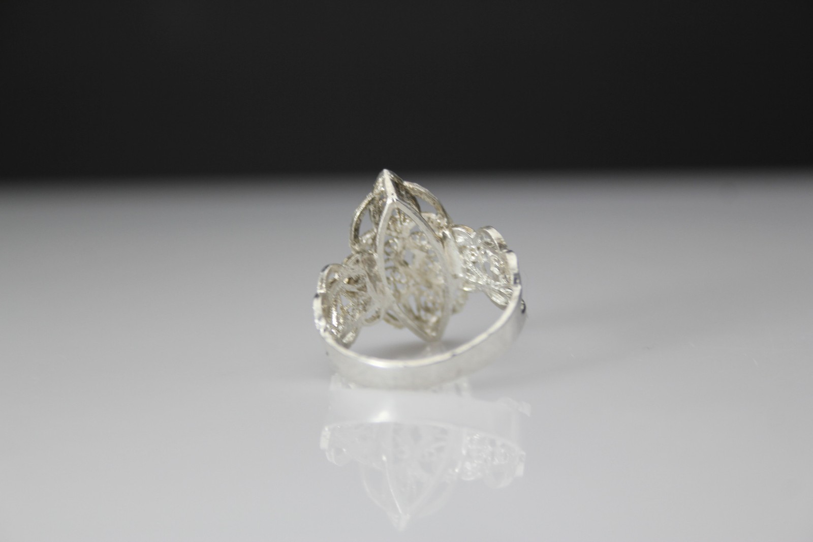 925 Sterling Silver Artisan Marquise Filigree Heart Size 8.75 Ring 3.2g(RIN9703)