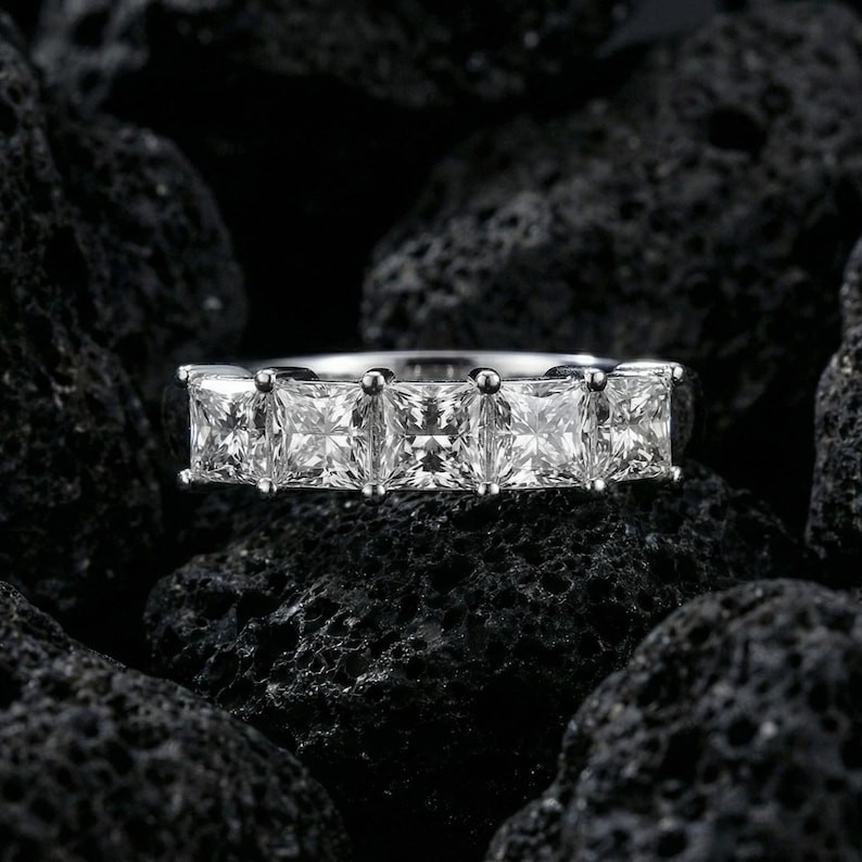 2.0 CT Princess Cut Moissanite 5 Stone 14K Gold Half Eternity Ring