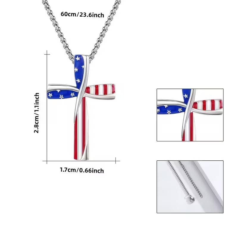 Patriotic American Flag Cross Necklace-Silver Tone Finish-Eye Catching Accessory