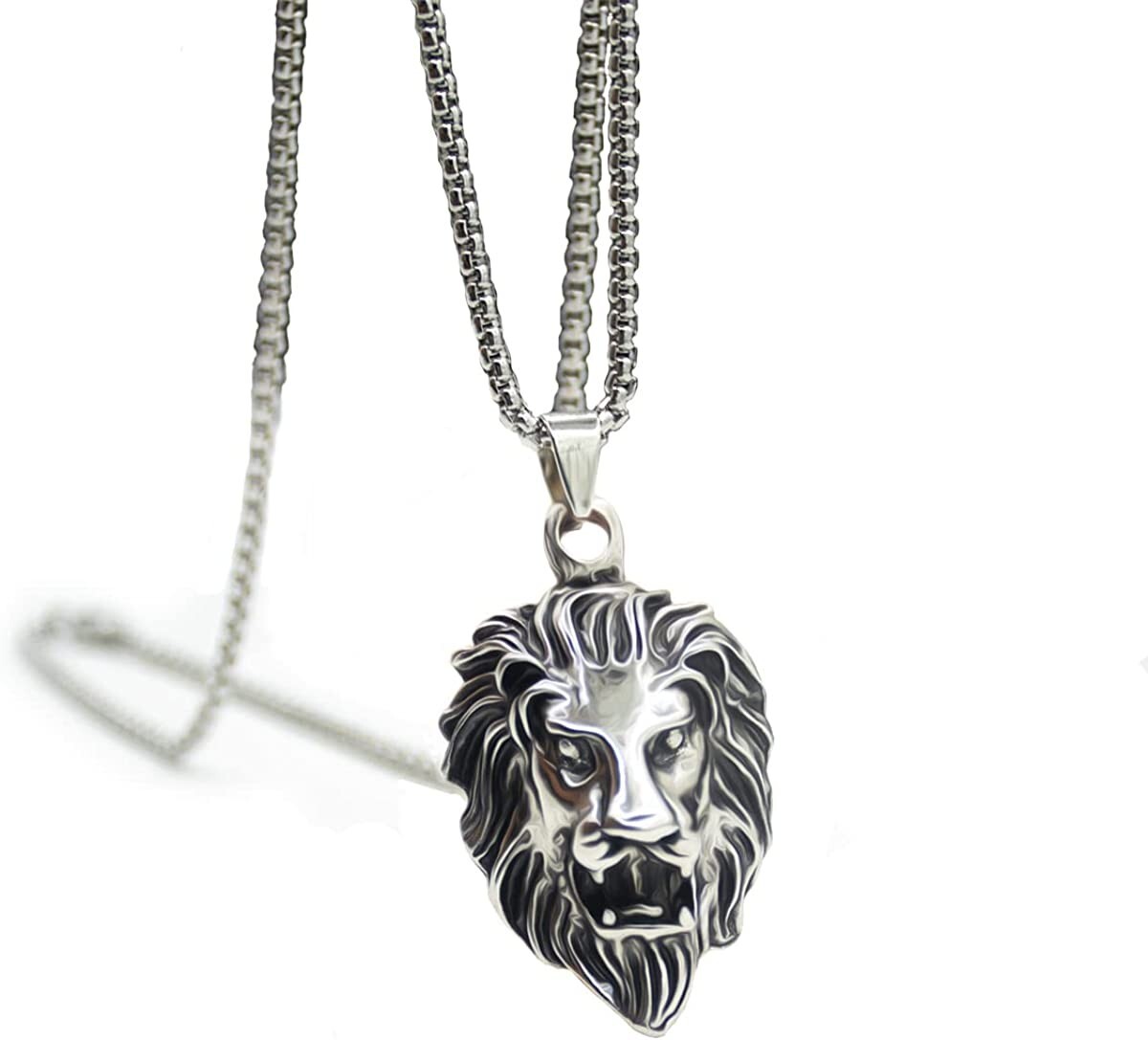 Hip Hop Rapper Stainless Steel Lion Head Pendant & 24″ Round Box Chain Necklace