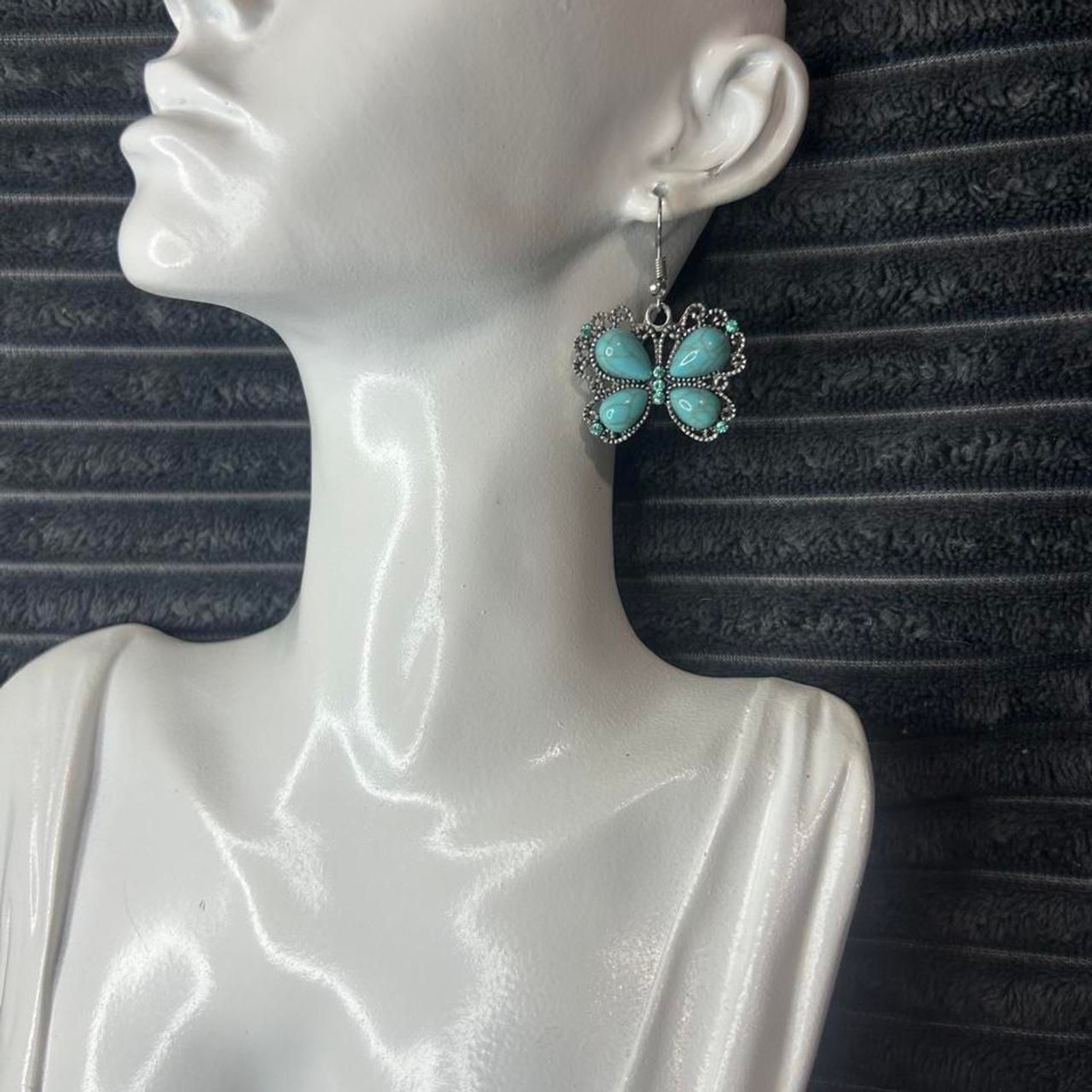 Western Faux Turquoise Butterfly Dangle Earrings Silver Filigree Teal
