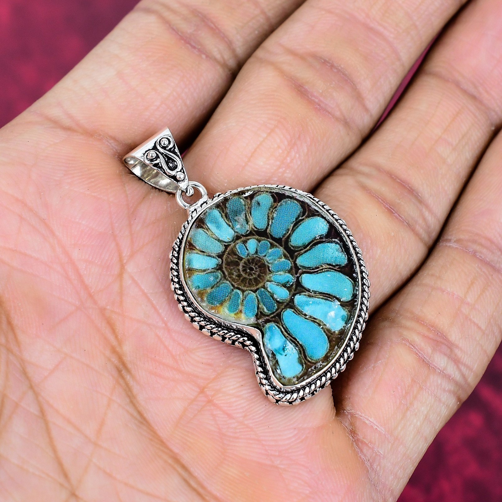 Ammonite Fossil Gemstone Handmade 925 Sterling Silver Beautiful Pendant Jewelry