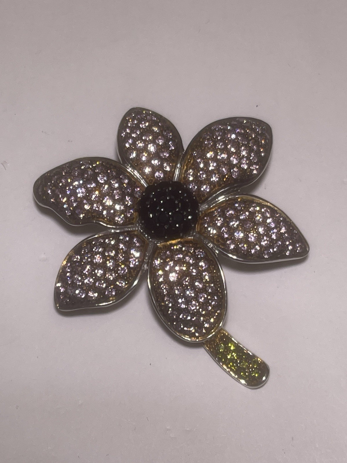 Vintage JJJ 2.5” Flower Pin With Pave Clear Brown Black Rhinestone