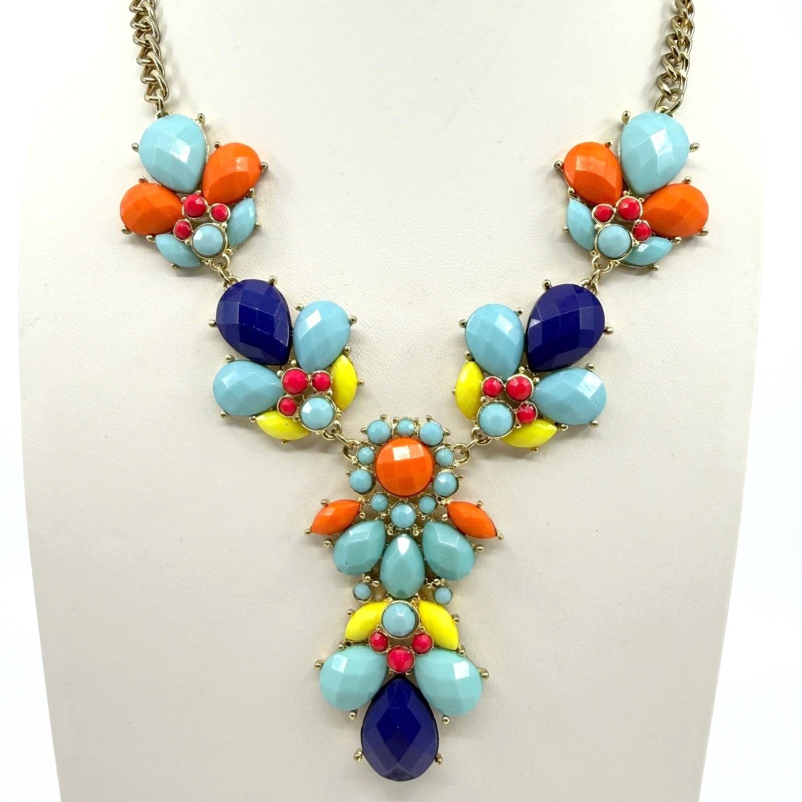 Vintage Gold Tone Multi Color Cluster Bib Statement Necklace Bold Chunky Retro