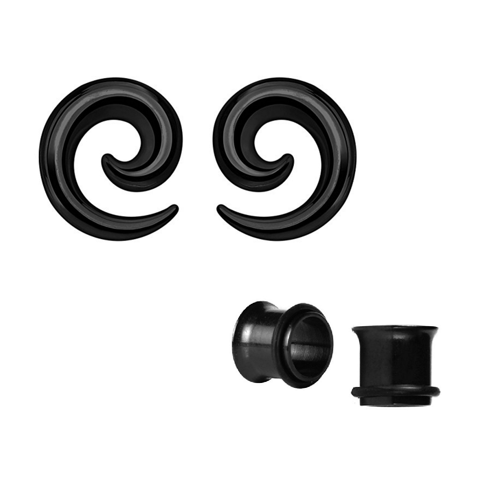 Pair of Anodized Titanium Seamless Steel Spiral Ear Tapers with Ear Plugs