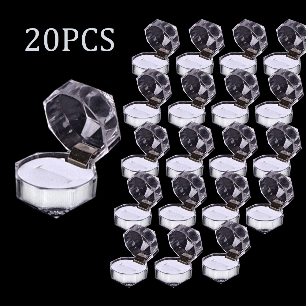 20pcs Plastic Transparent Crystal Lots Jewelry Ring Display Storage Boxes White