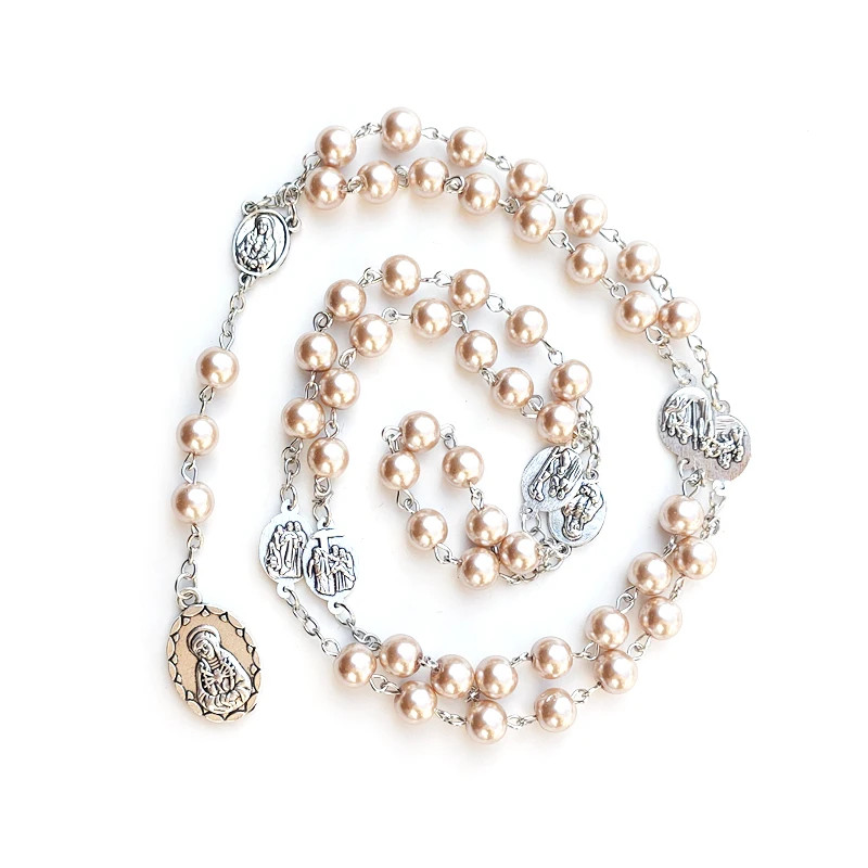 White Glass Pearl Rosary Seven Sorrows Pendant Necklace Long Beaded Catholic Pra