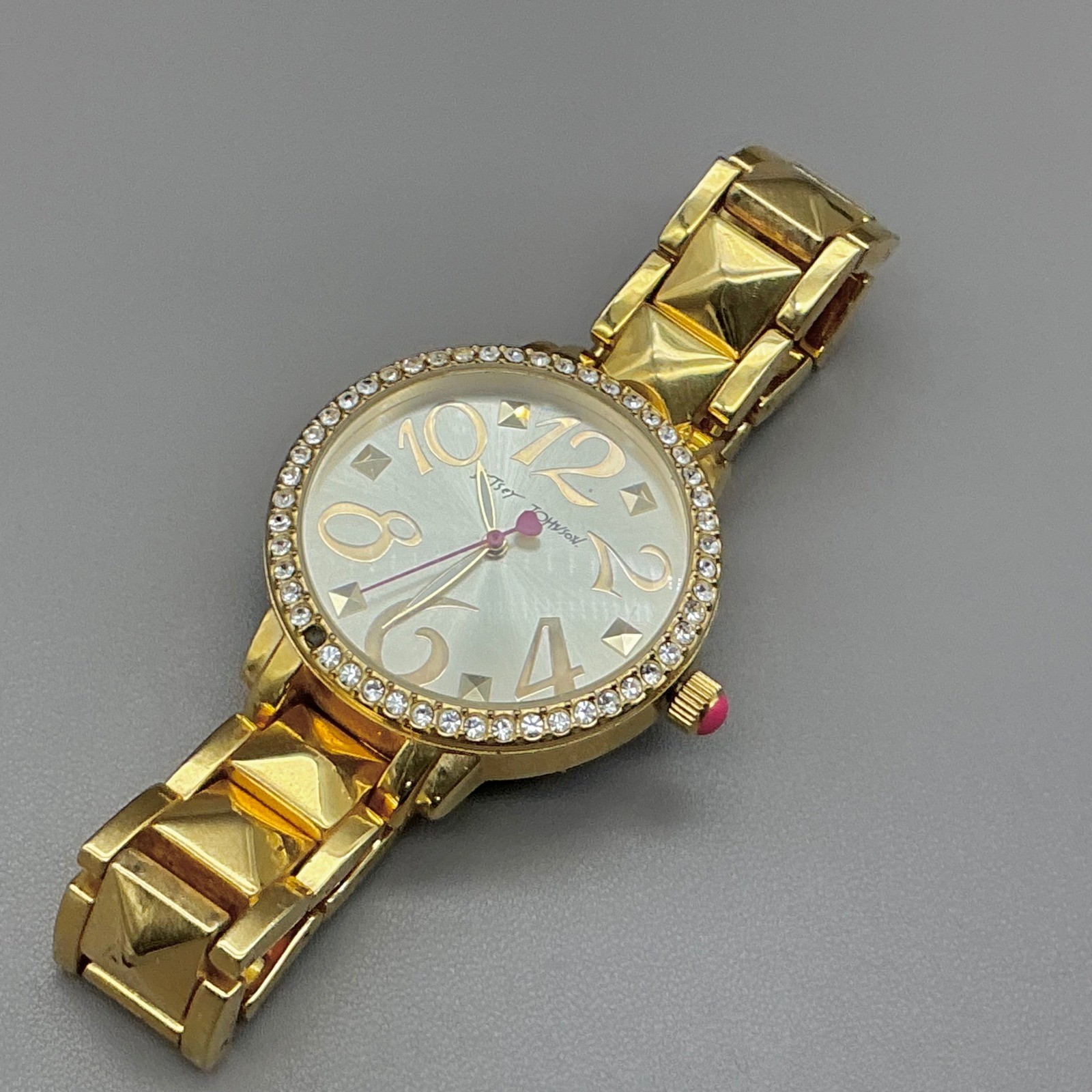 Betsey Johnson Watch Women Gold Tone Crystal Studded Pyramid Link NEW BATTERY