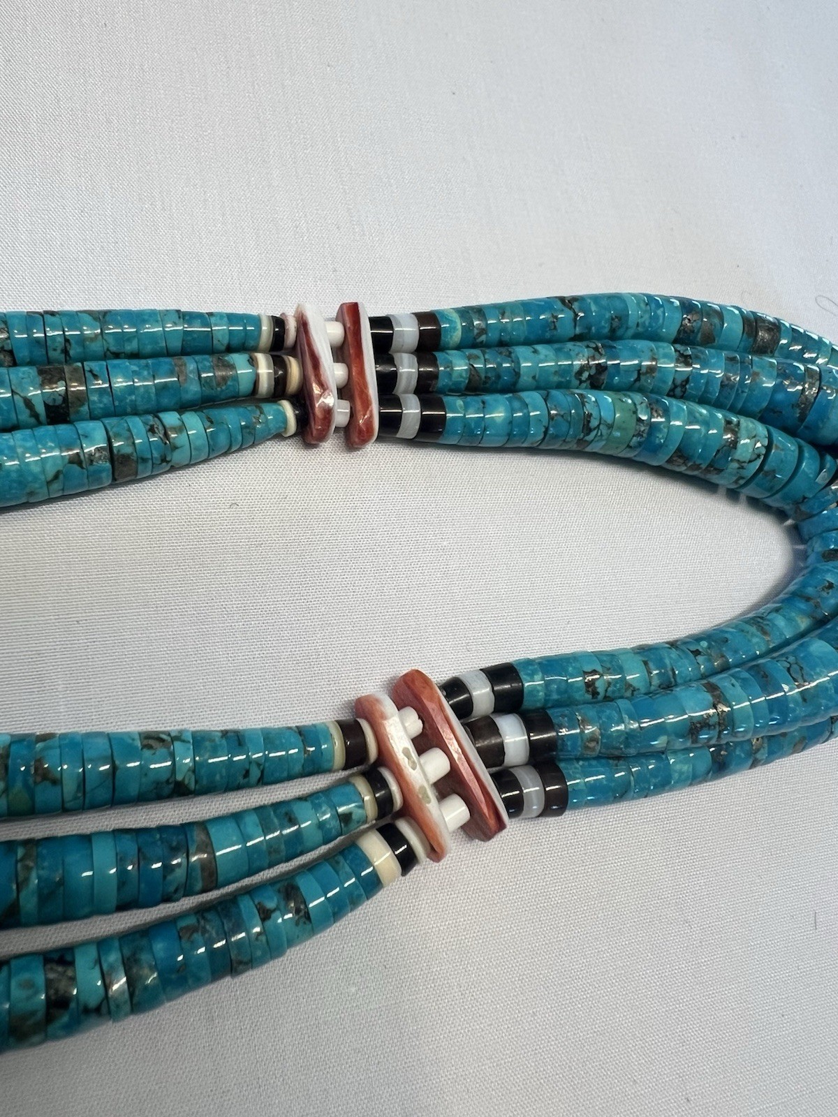Vintage Multi-Strand Turquoise Heishi Beaded Statement Necklace Hook Clasp Coral