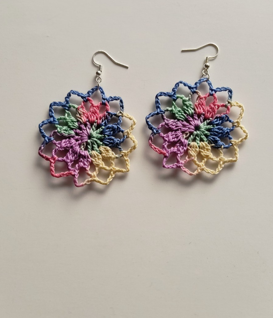Crochet Earrings, Round , Handmade USA, Brand New, Boho Chic Retro