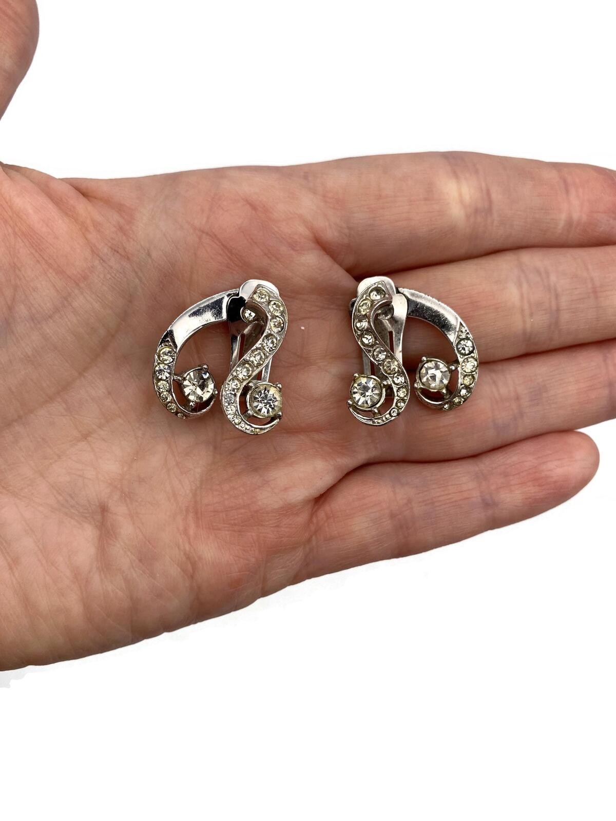 1950s Mid Century Style Silver Tone and Rhinestone Vintage Clip on Earrings.