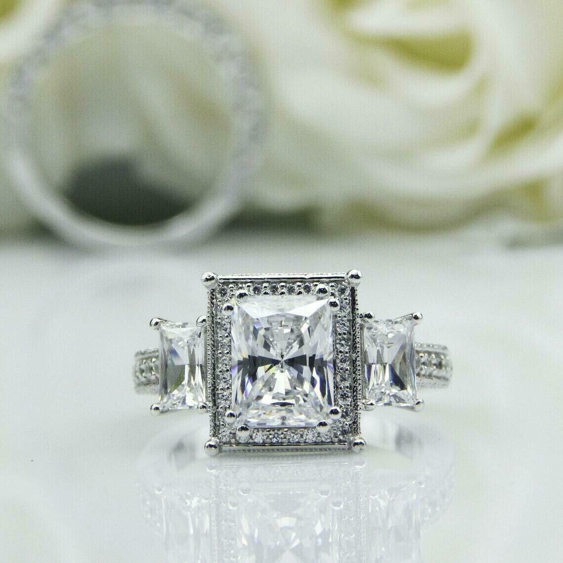 Stunning Radiant Cut White Sapphire With Halo Style Women’s Fine 935 Silver Ring