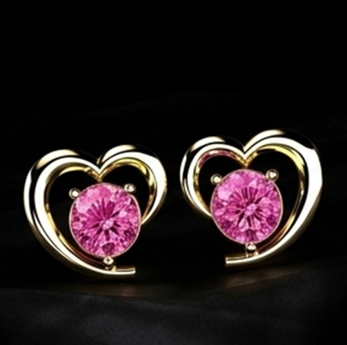 3ct Round Simulated Pink Ruby Cute HEART Stud Silver Earrings Yellow Gold Plated