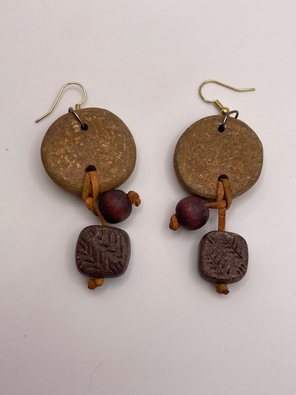 Handcrafted Tribal Style Wooden Clay and Leather Earrings
