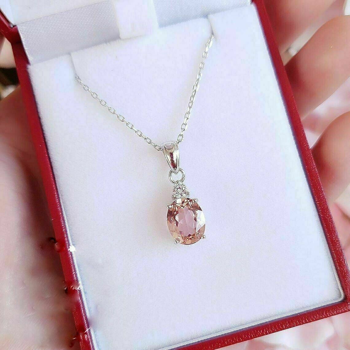 2Ct Oval Cut Morganite Solitaire Womens Pendant 14K White Gold Finish Free Chain