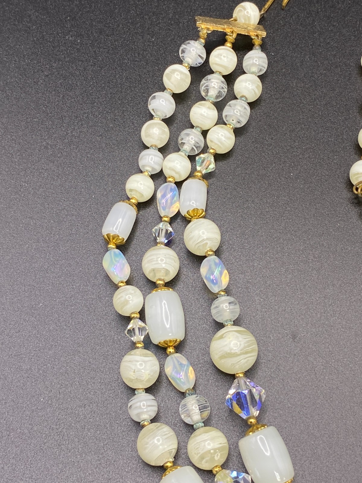 Vintage JAPAN 3-Strand Crystal & Opaline Art Glass Beaded Necklace!