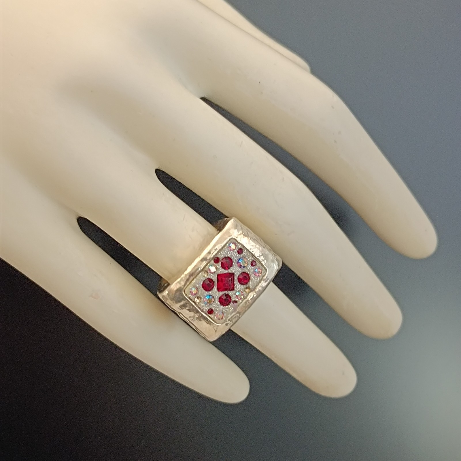 Chunky Silver Statement Ring Hammered Puffy Dramatic Bold Red Orit Schatzman 925