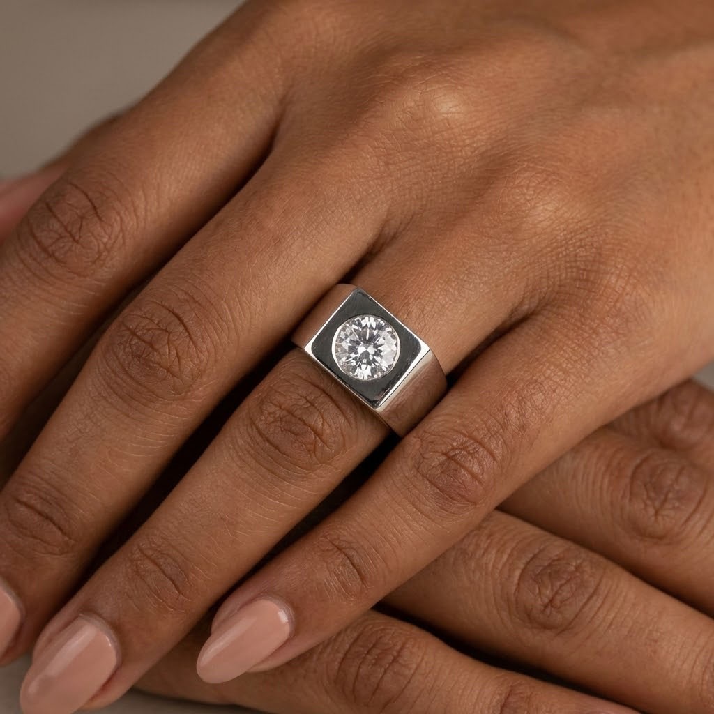 Solitaire Mens Ring Platinum Bezel Set 3.38 Carat Round Lab-Grown Diamond F SI2