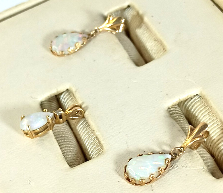 Vintage 14K Gold Opal Earrings & Pendant Set Natural White Fire Opal Mexico