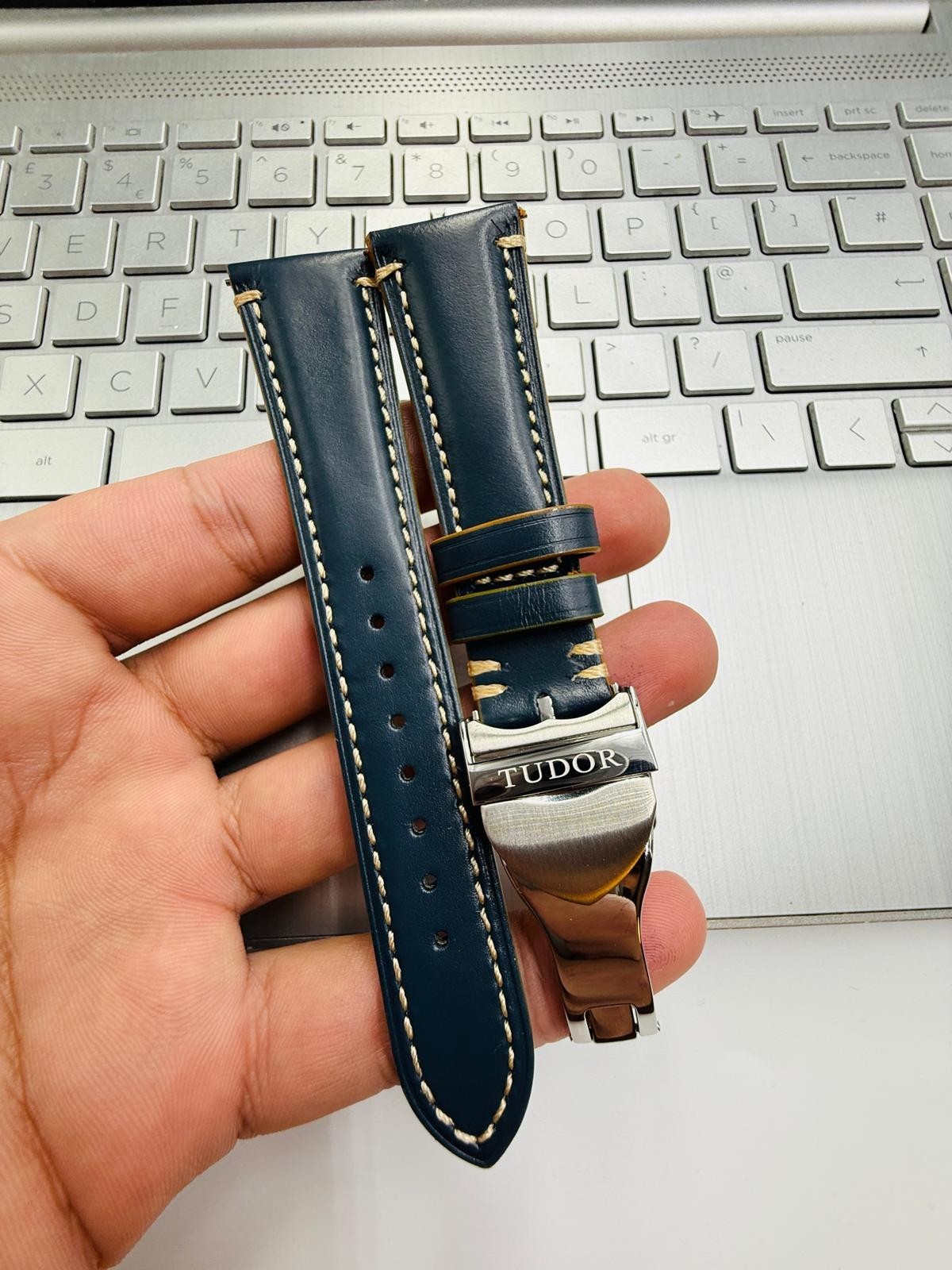 Tudor 22mm Dark Blue Leather Watch Strap With Silver Deployment Clasp Solid