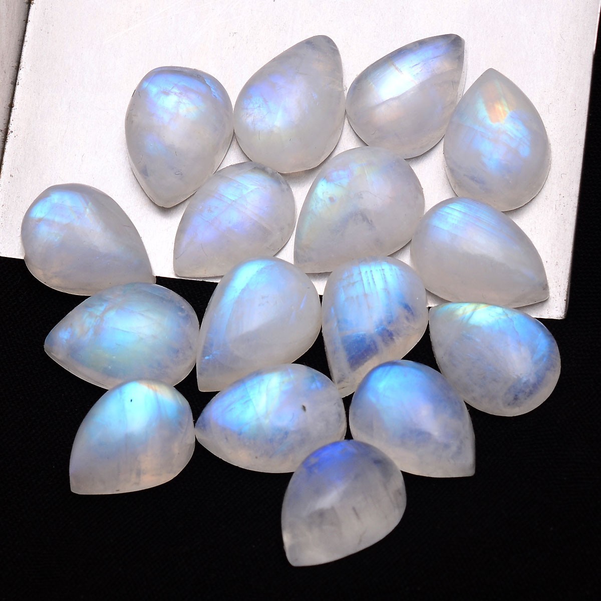 Set 16 Pcs Natural Moonstone Blue Shine 13.25mm-14.50mm Pear Cabochon Gemstones