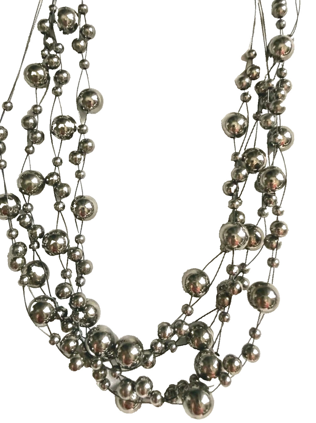 New Layered Silver Tone Multi Strand Necklace Floating Silver Tone Beads Trend