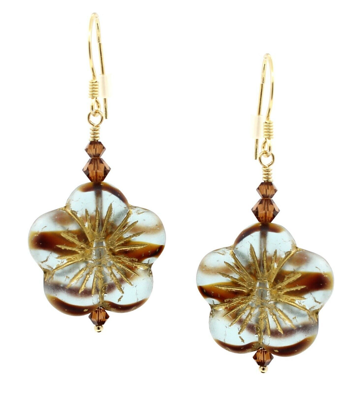 Flower Earrings Frost Seaglass Stripes Blue Glass Caramel Swarovski Vermeil Gold