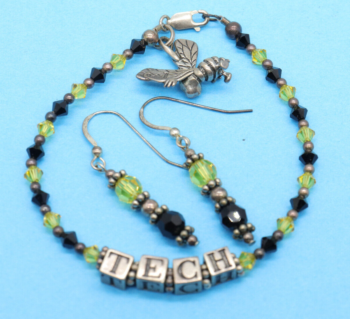 Sterling Silver Georgia Tech Yellow Jacket Bee Beaded Charm Bracelet & Earrings
