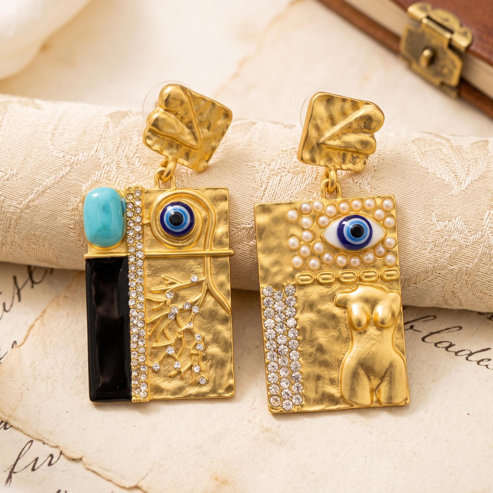 Gold Evil Eye Earrings, Schiaparelli Figural Cameo, Surrealist Geometric Relief