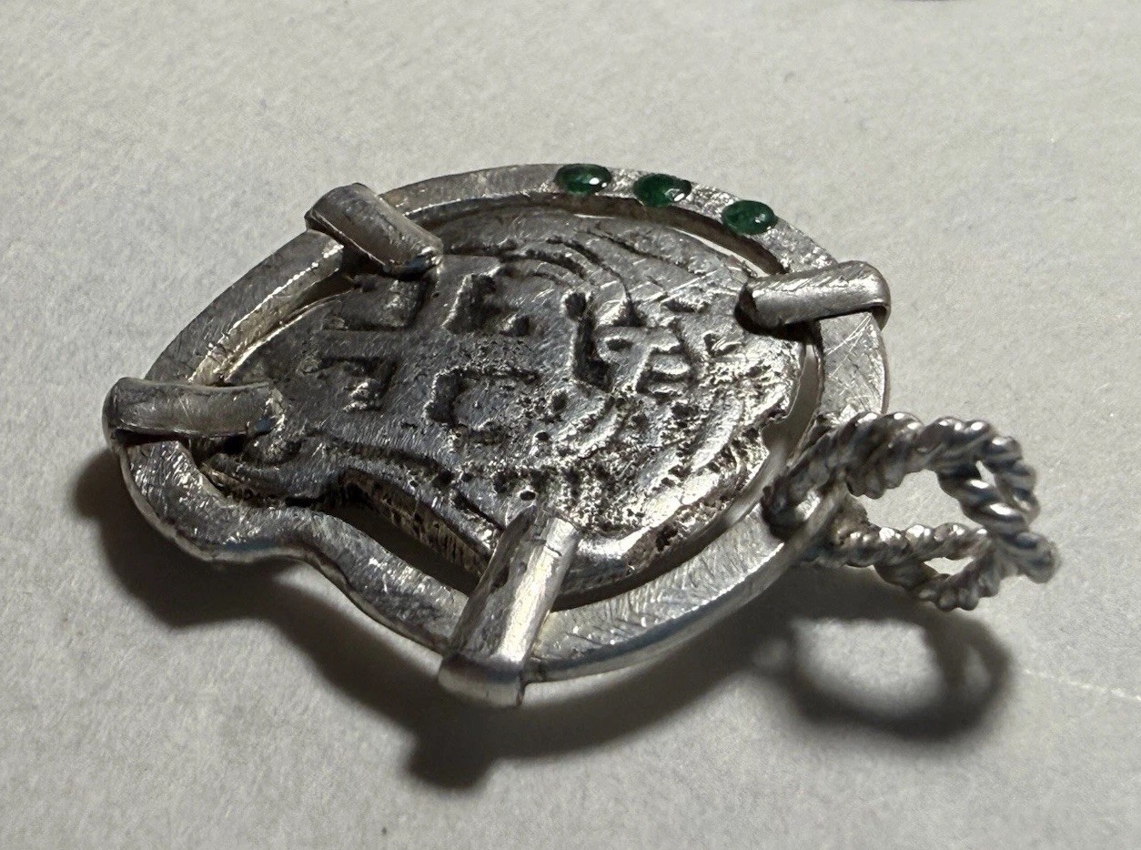 Authentic Spanish-Colonial 2-Reales Silver Shipwreck Cob Coin in Emerald Bezel