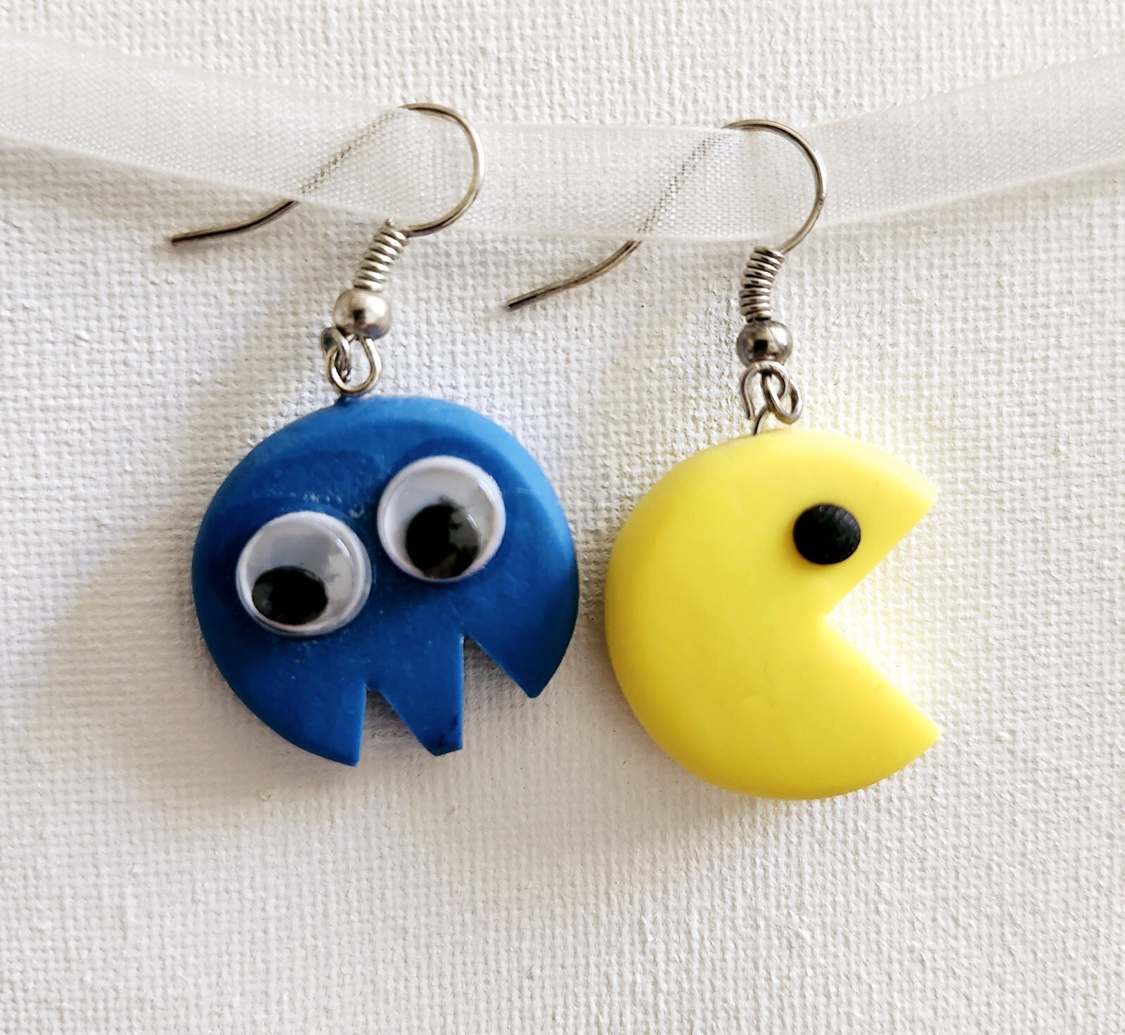 Cute Retro Style PAC-Man & Ghost Drop Dangle Earrings Blue Yellow