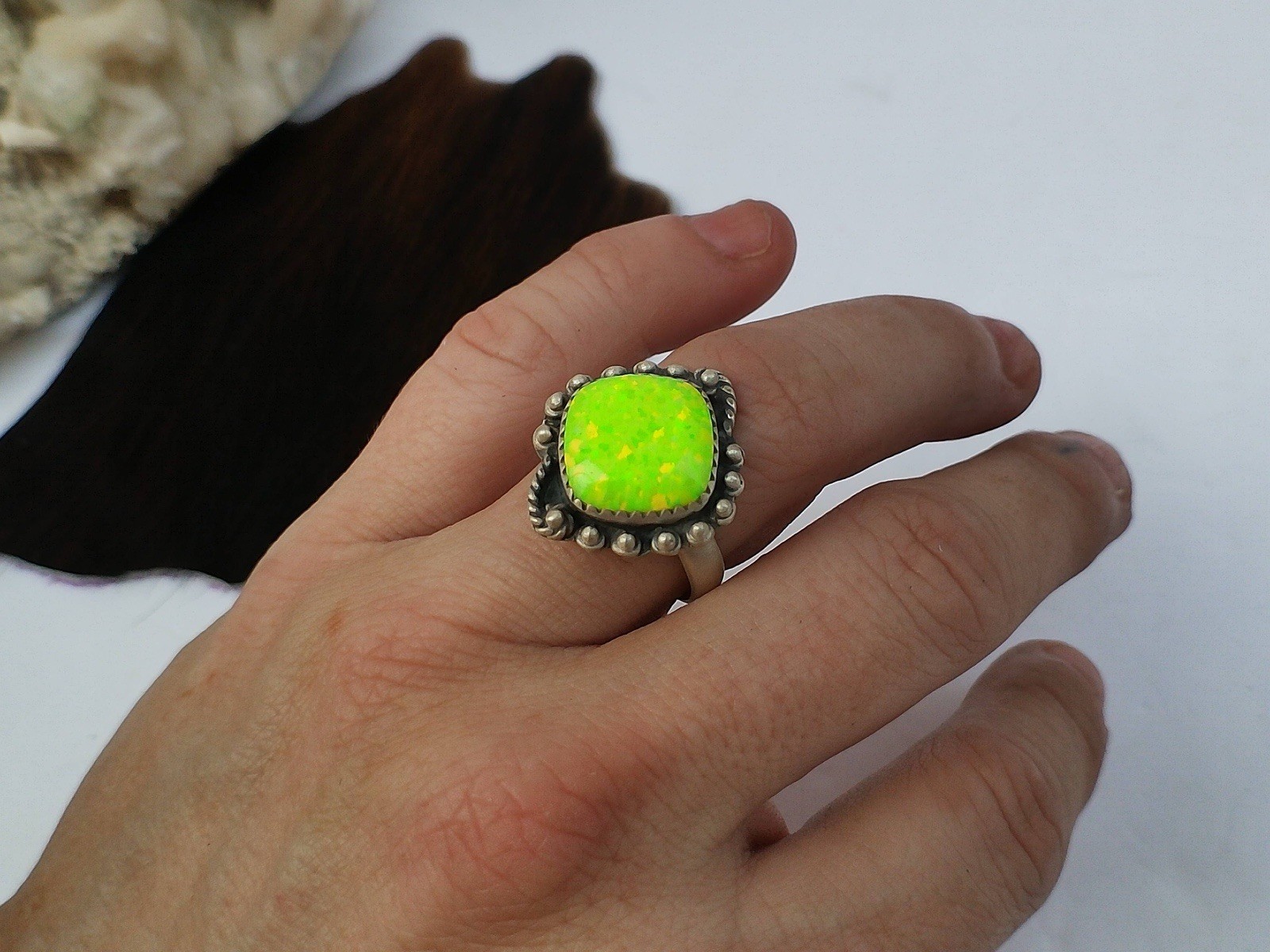 Green Opal Ring Sterling Silver 925 Neon Lime Statement Southwest Western Boho