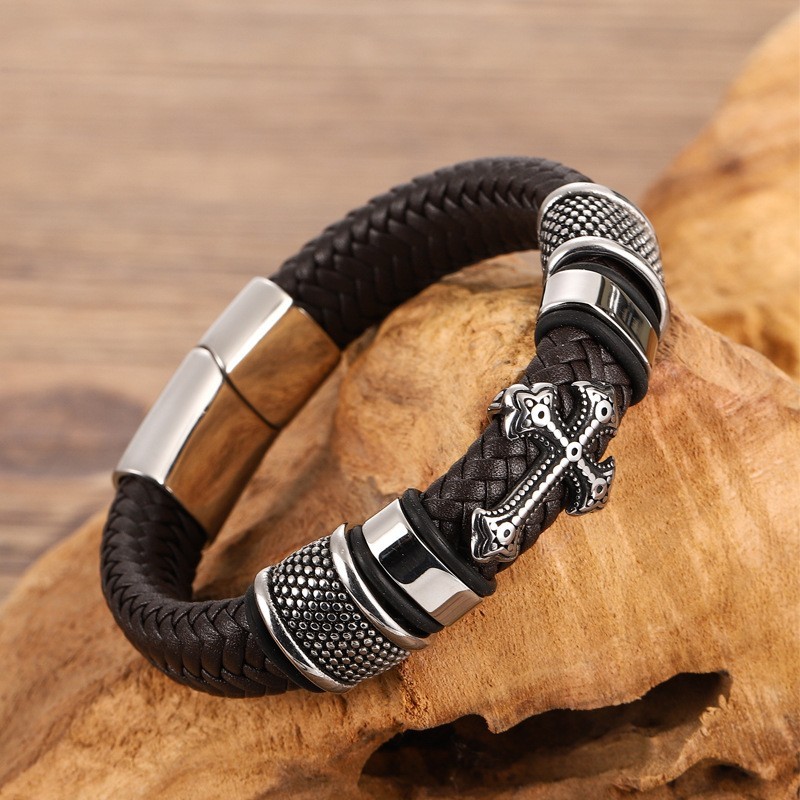 Men’s Cross Leather Bracelet Stainless Steel Braided Multi-Layer Cuff Wristband