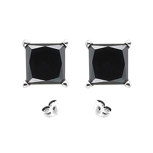 New Silver White Gold Plated 1 Carat 5MM Black Princess Cut CZ Stud Earrings
