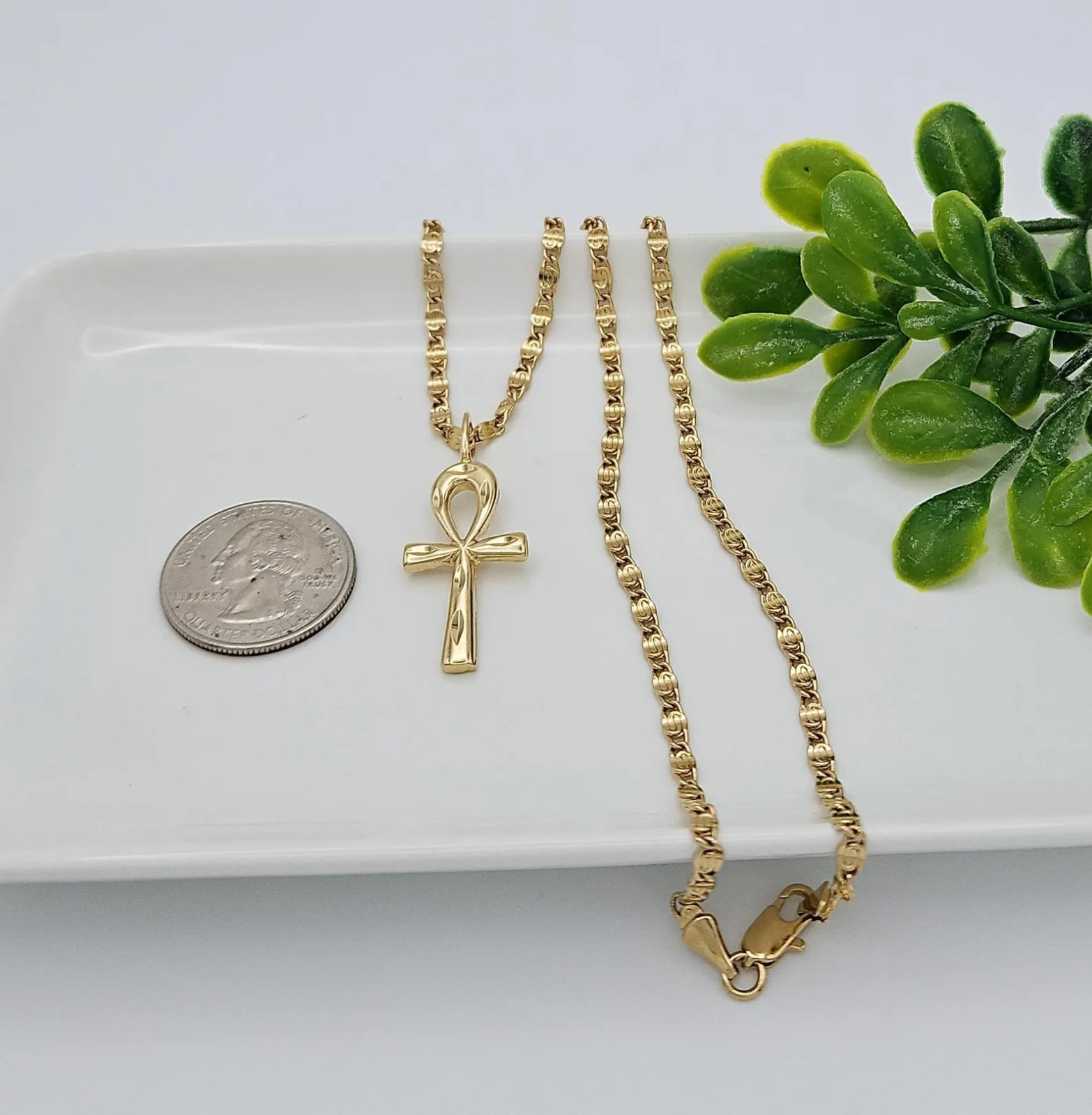 Gold Ankh Necklace, Diamond Cut Ankh Necklace, 14k Heavy Plated Gold, 3mm Chain