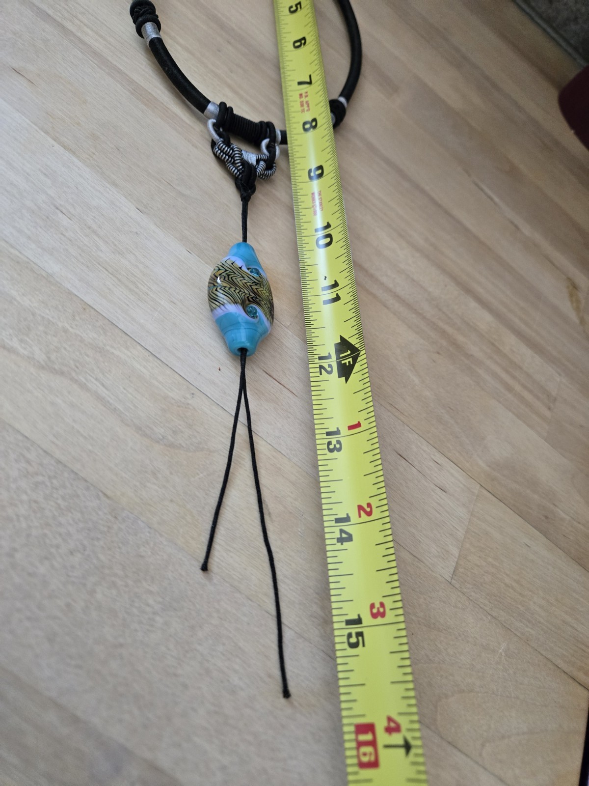 Art Glass Bead Necklace On Silver Wrapped Black Cord Boho Unique