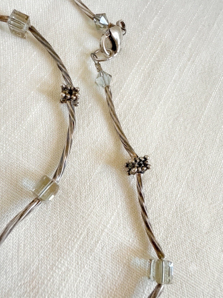 Necklace Liquid Silver Twisted Cable Wire Clear Crystal Cube Beads Vintage