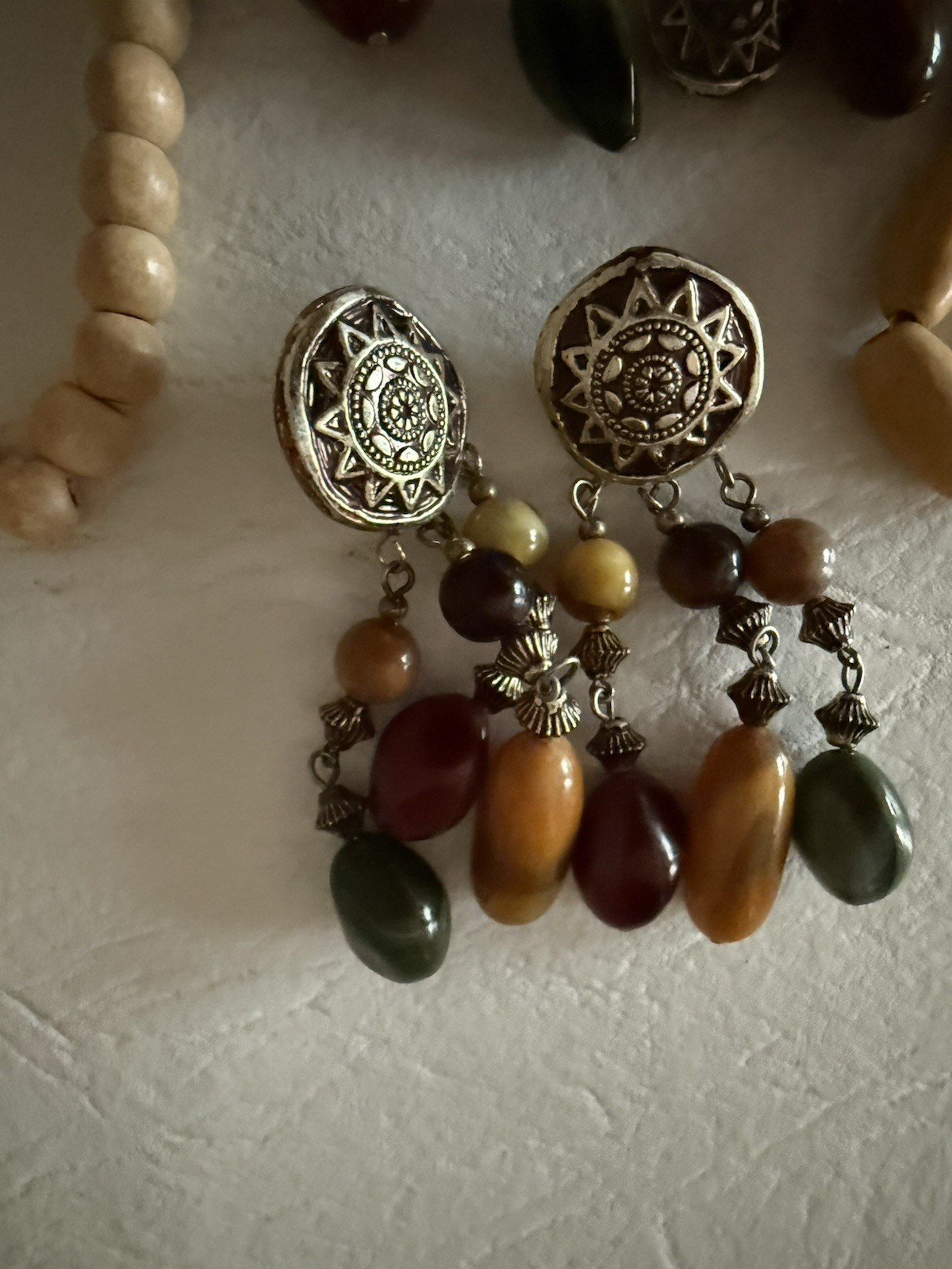 Lot of 10 necklaces, mostly wood beads, some Lucite, ethnic look earth tones